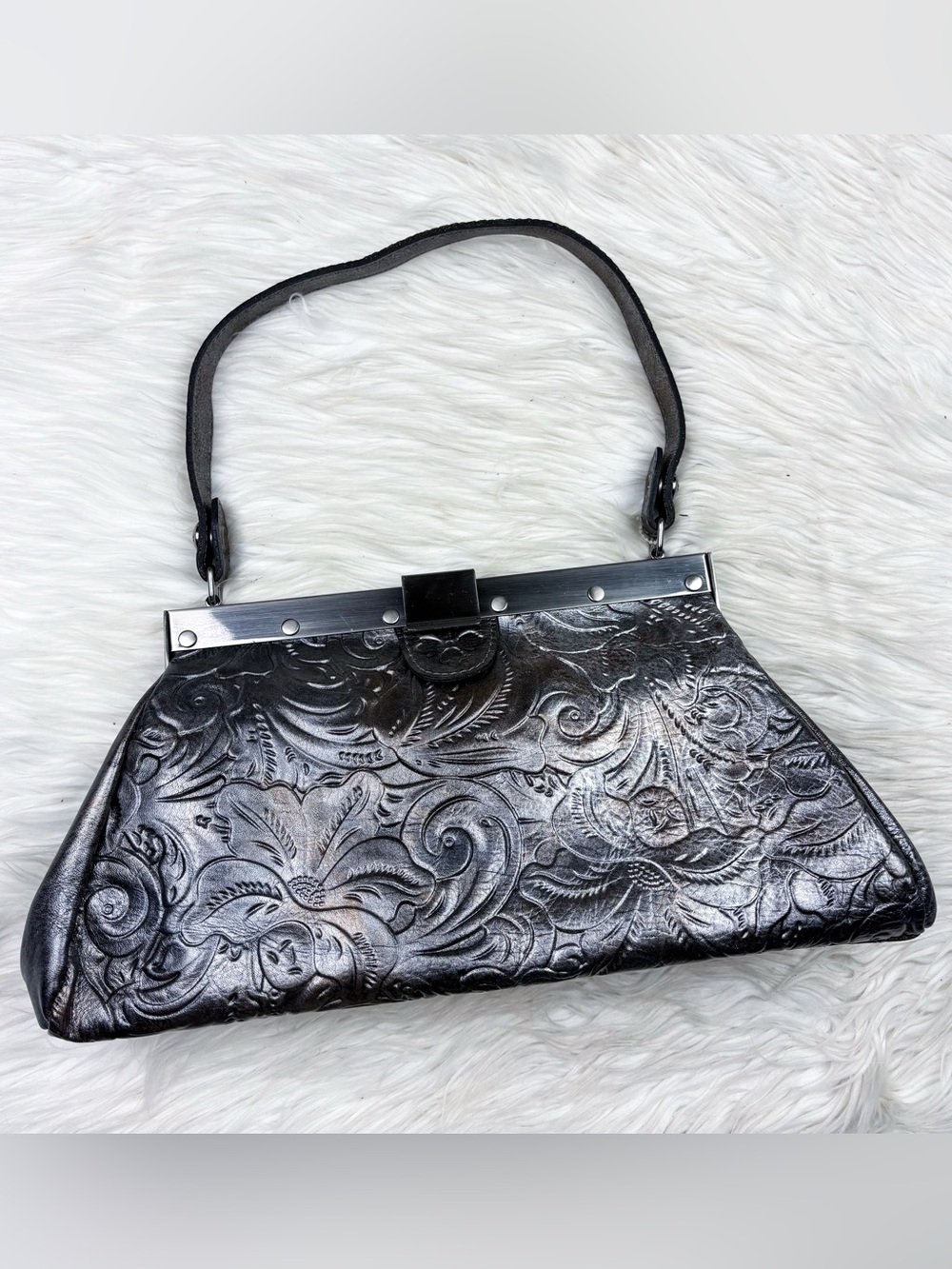 Patricia Nash Ferrara Frame Satchel Bag Floral Tooled Leather Metallic Silver